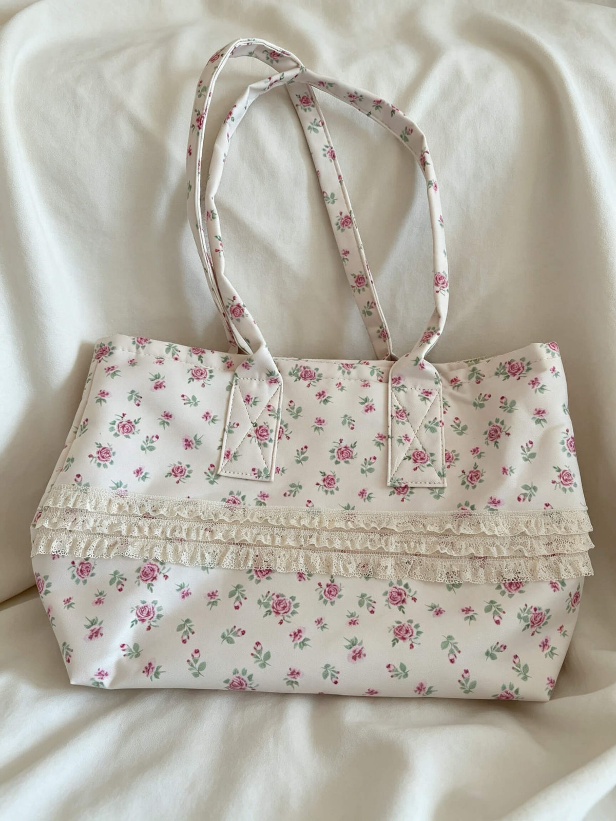 Floral Canvas Tote Bag, Long Straps, Thick Fabric, Lace Trim, Inner Pocket,Everyday bag