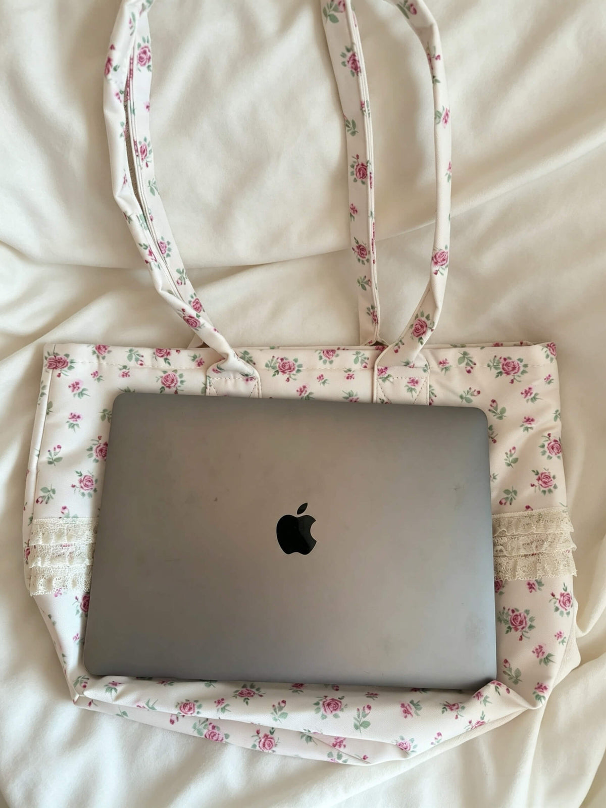 Floral Canvas Tote Bag, Long Straps, Thick Fabric, Lace Trim, Inner Pocket,Everyday bag