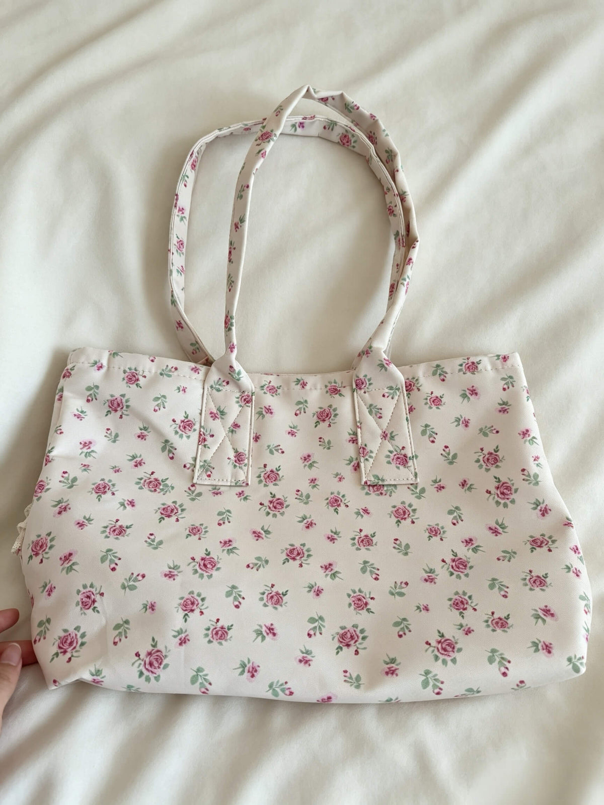 Floral Canvas Tote Bag, Long Straps, Thick Fabric, Lace Trim, Inner Pocket,Everyday bag